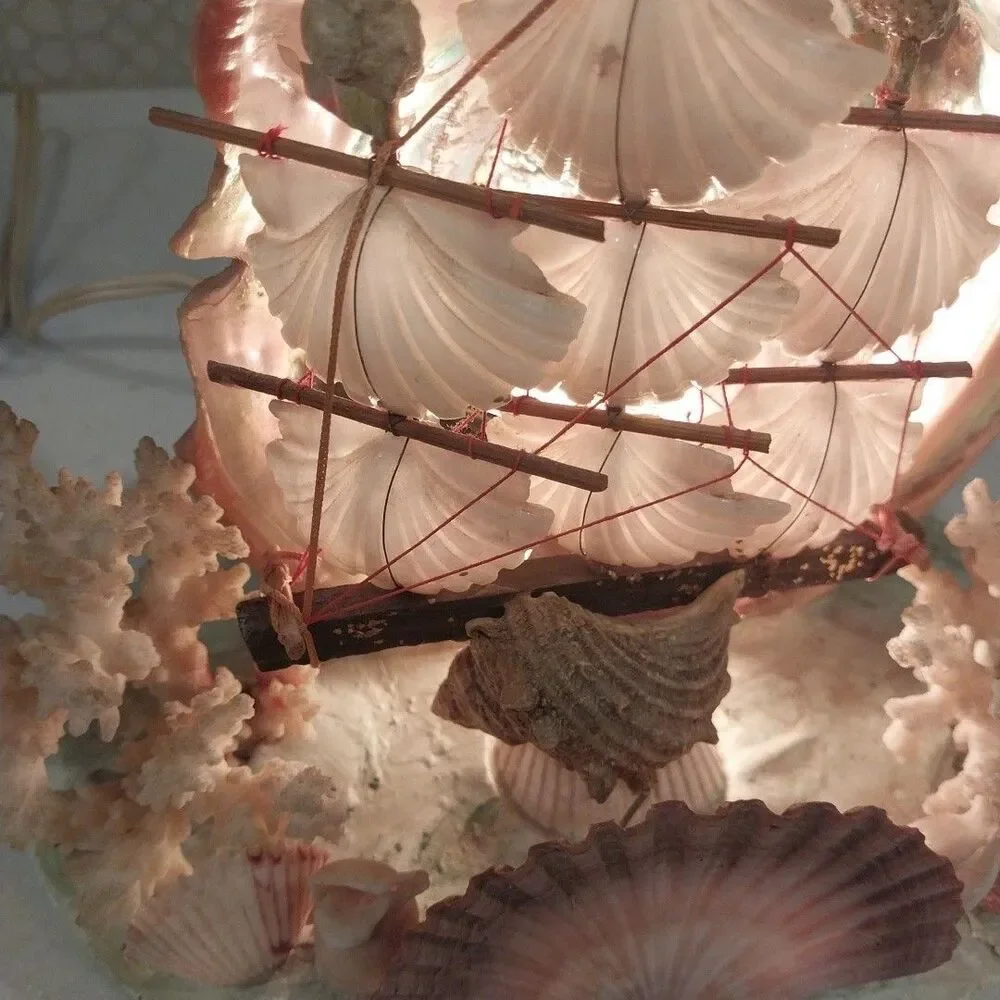 Vintage Abalone Shell Sailboat Lamp Handmade Nautical Coastal Coral Light Decor